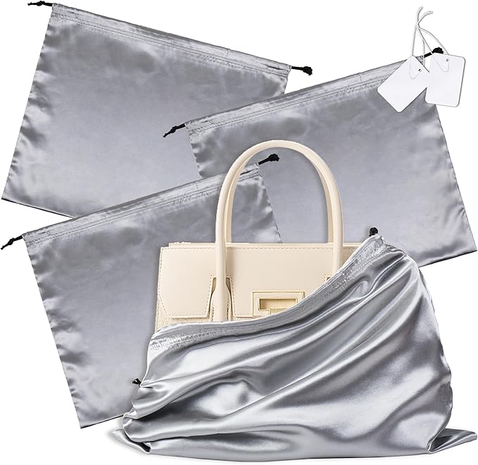 Vonty 3 Pack Silky Dust Bags for Shoes and Purses, Satin Drawstring Bag for HandBags Boots - Grey Shoe Bag Silk Dust Cover Bag Protector Travel Storage Pouch(19.6 x 15.7 In)