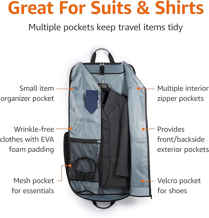 Amazon Basics Carry-On Garment Bag for Travel and Business Trips with Detachable Shoulder Strap, Hanging Suit Luggage, Wrinkle Free Cover for Suits Dresses Coats, Foldable with Shoe Compartment, Navy