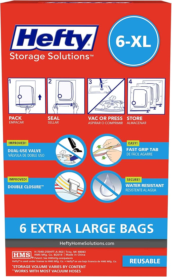 Hefty Shrink-Pak – 6 Extra Large Vacuum Seal Storage Bags – Space Saver Bags for Clothing, Pillows, Towels, or Blankets, 6 x XL Bags