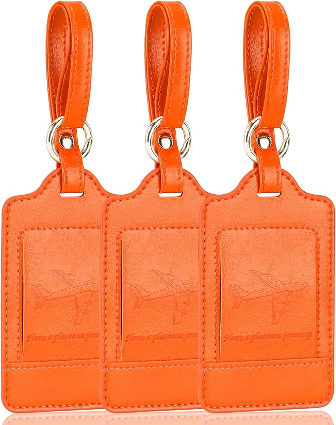 3 Pack Luggage Tags - Quick Install, Privacy Protection, Airplane Travel Essentials for Suitcases, Durable Leather - Orange