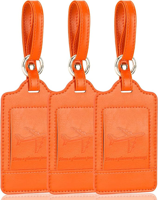 3 Pack Luggage Tags - Quick Install, Privacy Protection, Airplane Travel Essentials for Suitcases, Durable Leather - Orange