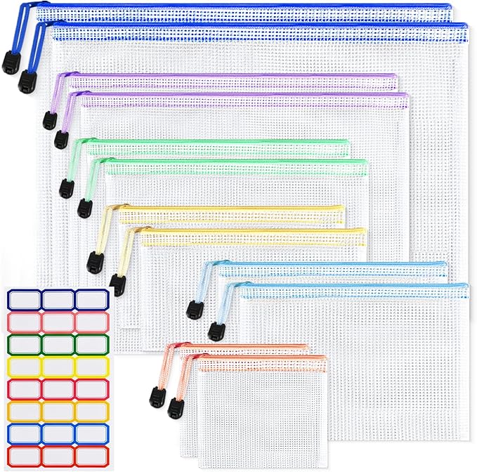 Mesh Zipper Pouch Bags: Clear Zipper Pouches for Classroom, Plastic Board Game Organizer and Storage, Multisize Clear Zipper Bags Waterproof for School and Office Supplies (6 Size, 12PCS, 6 Color)
