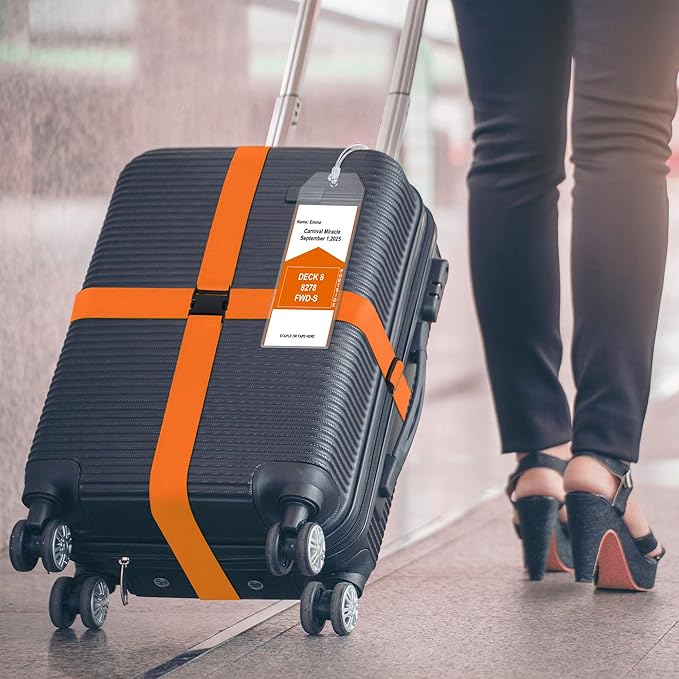8 Pack Luggage Straps and Cruise Luggage Tags Set (4 Straps, 4 Wide Tags), Luggage Straps for Suitcases TSA Approved Suitcase Tags, Orange
