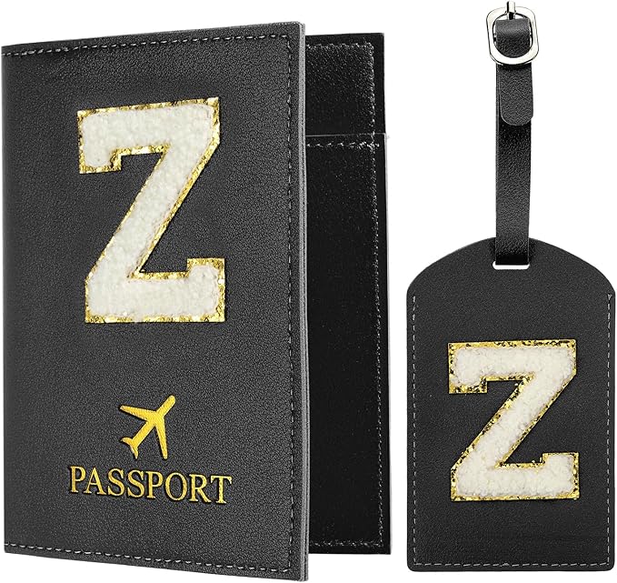 PATIKIL Passport Holder for Travel, Initial Passport Cover and Luggage Tag Set with Alphabet Chenille Letter Patch Travel Wallet Bag Suitcase Identifier for Women Family Travel Black Z