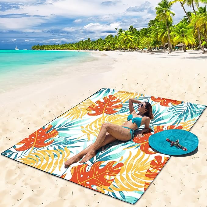 Beach Blanket Sandproof Extra Large Beach Mat Adults Waterproof Quick Drying Sand Free Mat Made by Premium Polyester with 4 Stakes & 4 Corner Pockets for Outdoor Travel Camping Hiking