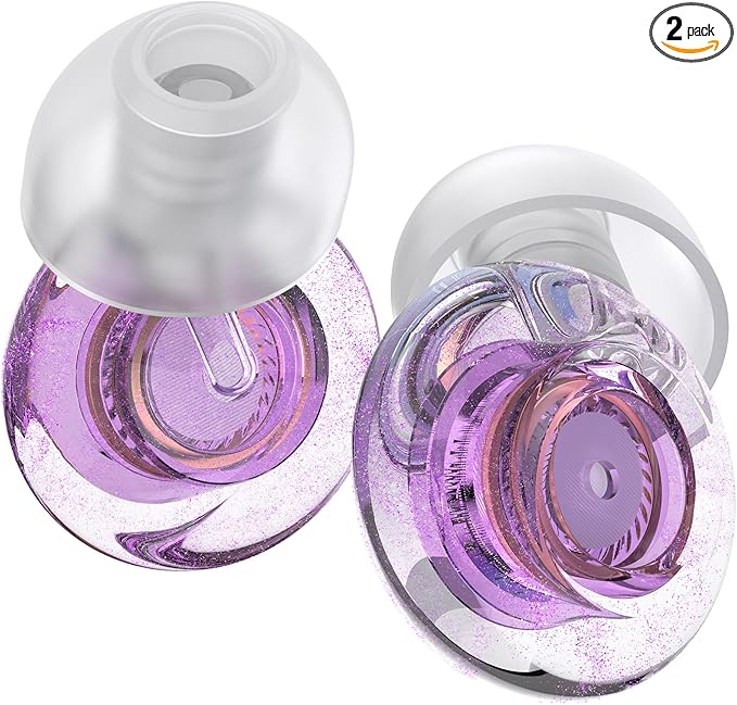 Purple Silicone In-Ear Ear Plugs, 2 Pack High Fidelity Ear Plugs for Concerts, Raves, Work, Musicians, 5 Pair Ear Tips in S/M/L, 18-25 dB Noise Cancelling