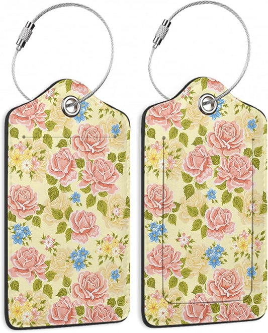 Pink Rose Luggage Tag,Flowers Retro Luggage Tags of Set 2 Leather Identifiers Privacy Cover with Stainless Steel Loop for Women Men Travel Bag Suitcase