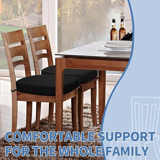 BUYUE Thickened 2.5" Dining Chair Cushions Set of 4, U-Shape High Density Foam Comfortable Chair Pads for Kitchen, Slip Resistant Indoor Seat Cushions (4 PCS, Black)