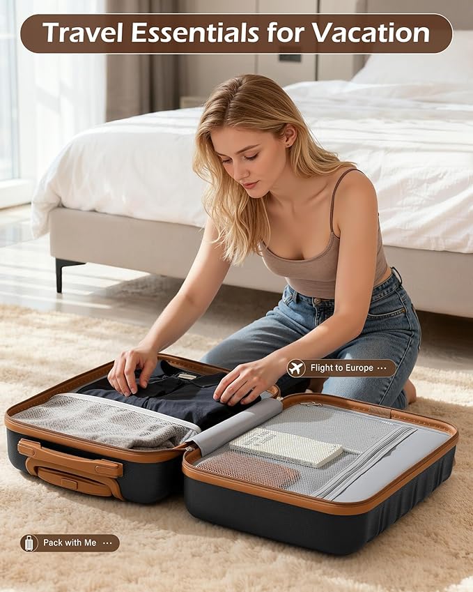 LONG VACATION Carry On Luggage Sets 3 Piece 20 Inch Suitcase Set, ABS+PC Hardshell Lightweight Travel Luggage with Spinner Wheels & YKK Zipper TSA Lock (BLACK-BROWN, 20 Inch)