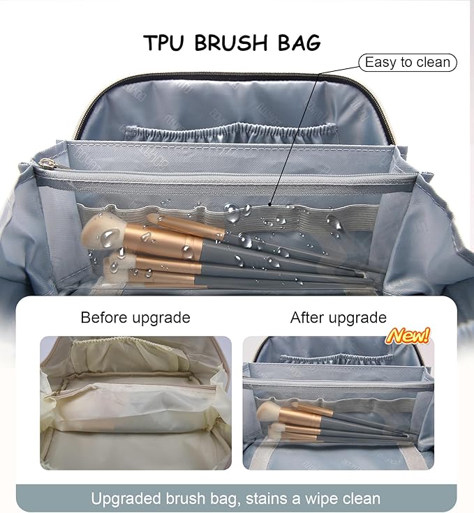 BOYATU Travel Makeup Bags Cosmetic Organizer Bag: 3 Pcs Set Large Capacity Floral Make up Bag with Compartments - Waterproof Leather Toiletry Bags with Handle for Women (01-Light Blue)