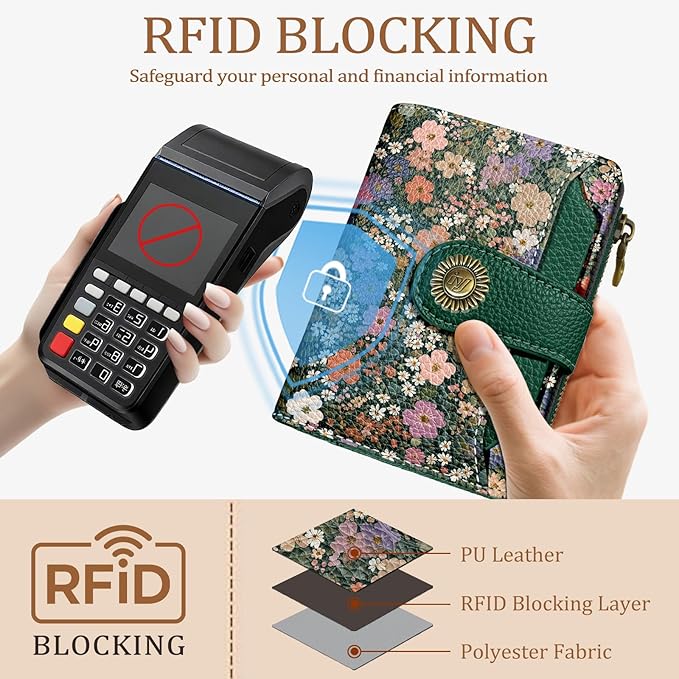 Icycay Floral Flowers Small Wallet Women RFID Blocking Bifold, Credit Card Holder, Zipper Coin Pocket, PU Leather, Compact, Travel, 4 ID Window, 14 Card Slots, Cash Purse, Ladies Woman Female Girls