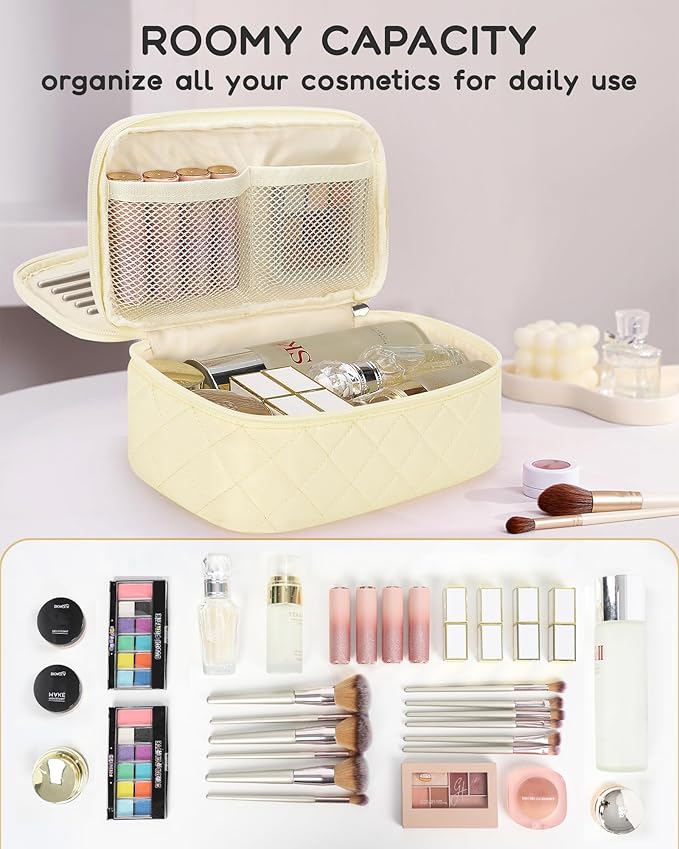 Relavel Travel Makeup Bag, Small Cosmetic Bag with Makeup Brush Compartment, Double Layer Makeup Organizer Bag, Portable Toiletry Bag Makeup Pouch for Women, White