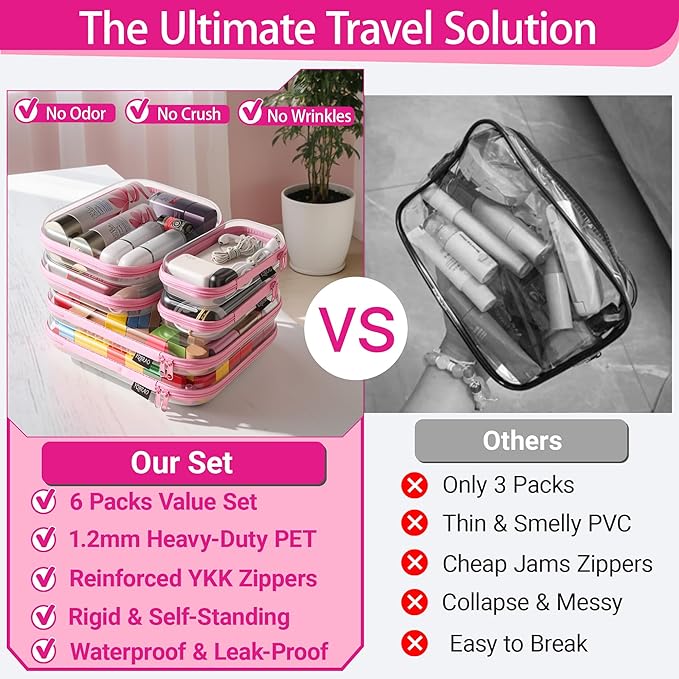 YQBRAO 6 Pack Clear Hard Shell Zipper Case, See-Through Hard Plastic Organizer Pouches with Zipper for Travel, Toiletries, Makeup, Electronics & Pencils - Crush-Resistant Storage (Pink)