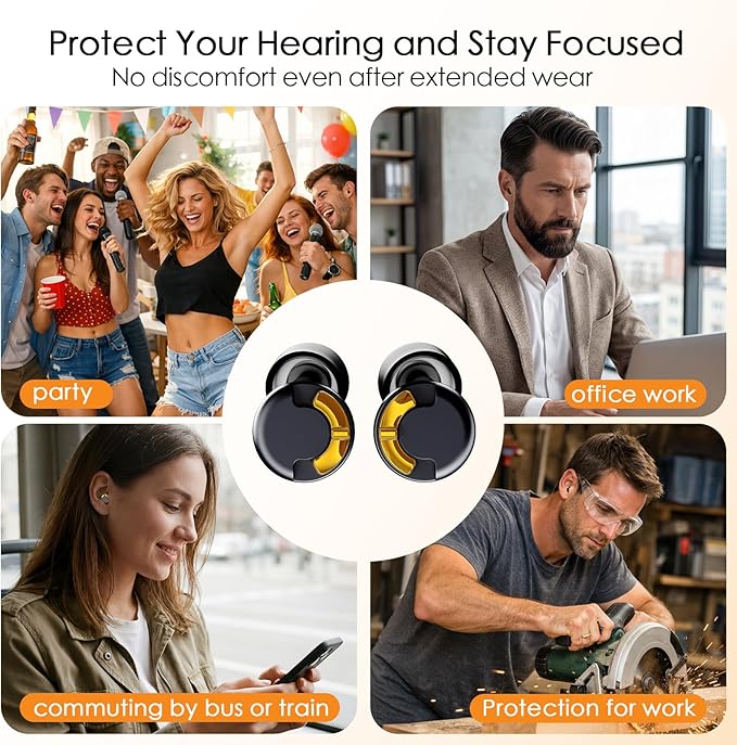 Adjustable Ear Plugs - 3 Noise Cancelling Modes for Work, Travel, Concerts & More, Reusable Hearing Protection with 4 Sizes (XS/S/M/L), Comfortable Ear Plugs for Noise Reduction, Black Gold