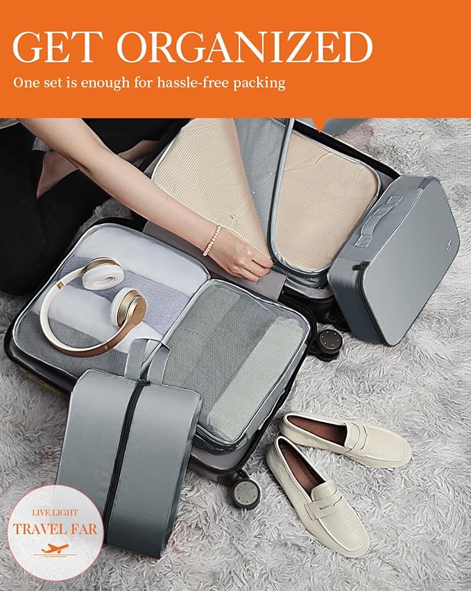 HOTOR Packing Cubes for Suitcases - 6 Pieces, Light Packing Cubes for Travel, Premium Suitcase Organizer Bags Set, Space-Saving Luggage Organizers, Travel Accessories and Essentials, Grey