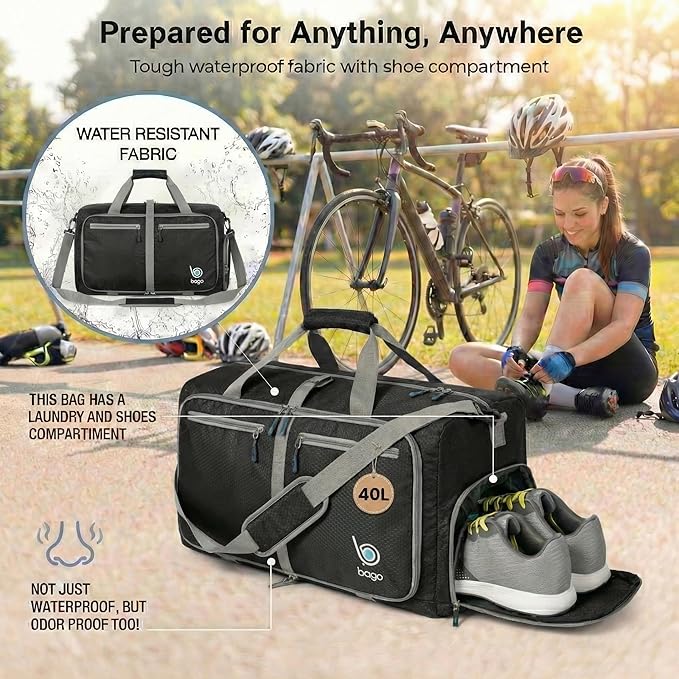 Bago Compact Duffle Bag for Travel Women & Men. Durable Lightweight Foldable Travel Duffel Bags For Traveling Women. 40L Duffle Bags a Reliable Weekender duffel or Overnight Bag With Shoe Compartment