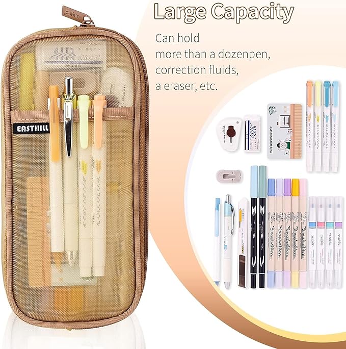 EASTHILL Grid Mesh Pen Pencil Case with Zipper Clear Makeup Color Pouch Cosmetics Bag Multi-Purpose Travel School Teen Girls Transparent Stationary Bag Office Organizer Box for Adluts(Khaki)