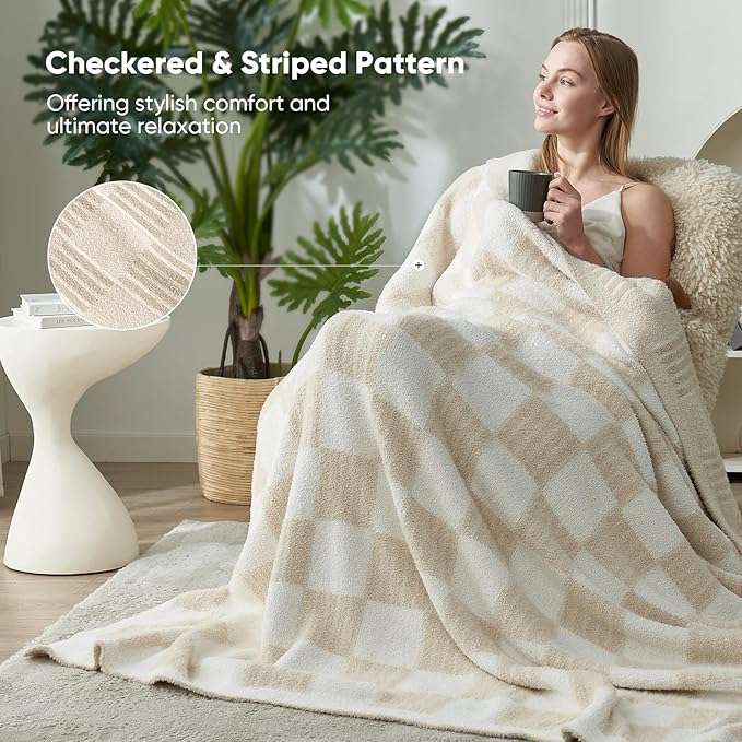 Snuggle Sac Faux Fur Checkered Blanket Twin Size with Soft Knitted Microfiber,Reversible Soft Cozy Warm Blanket for Sofa Bedroom,Cute Lightweight Striped Throws for Women,Heather Cream,60x80 inches