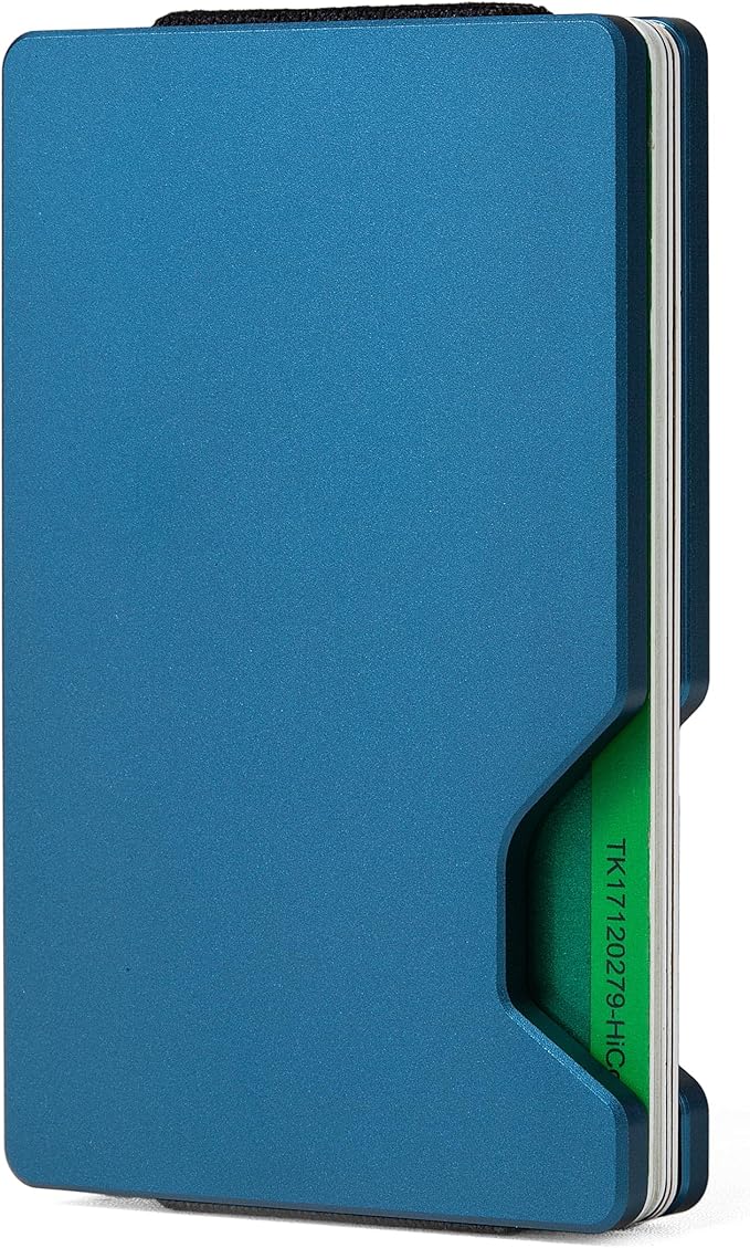 Minimalist Carbon Fiber Wallet for Men, Money Clip Cash Strap Wallet, RFID Blocking Metal Wallet Aluminum Card Holder,Front Pocket Wallet(Matte Blue)