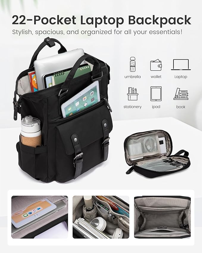 LOVEVOOK Laptop Backpack for Women, 15.6 Inch Work Business Backpacks Purse, Large Capacity Teacher Nurse Bag Work Travel Computer Backpacks, College Bookbag for School, Water Resistant Daypack, Black