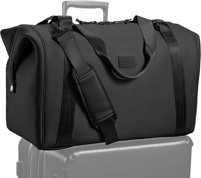 Fit & Fresh Neoprene Weekender Bag for Women – Carry-On Friendly Travel Duffel with Expandable Sides, Trolley Sleeve & Pockets – Lightweight, Water-Resistant Overnight Bag for Weekend Trips + Gym