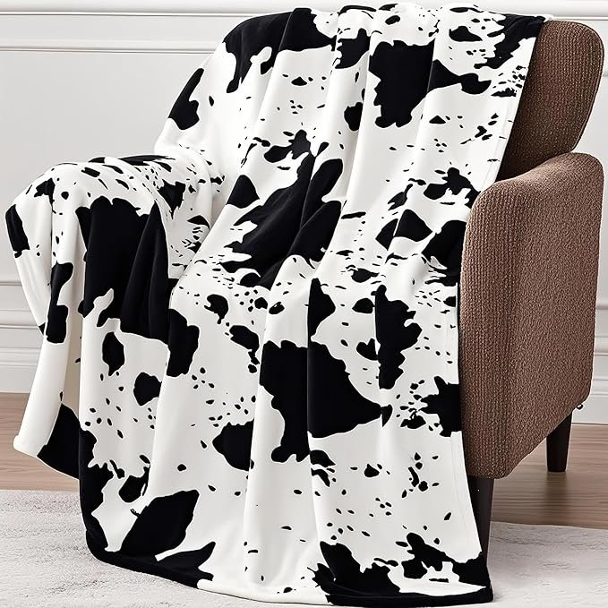 Cow Print Blanket, Ultra Soft Cozy Throw for Couch Bed and Travel, Cow Decor Throw Blankets for All Seasons 50"x60" (Black)