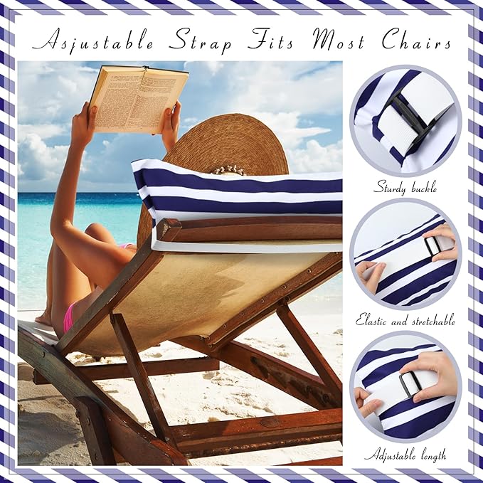 Menkxi 17"x10" Inflatable Beach Pillow with Removable Cover, Beach Chair Backpacking Pillow with Strap Stripe for Summer Sand Pools Travel Vacations(Navy Blue White)