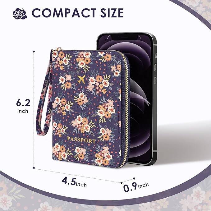 KONVINIT Passport Holder For Travel, RFID Blocking Leather Passport Cover For Travel Accessories, Passport Wallet with Zipper Closure, Cute Passport Book for Women and Men, Navy Blue Flowers