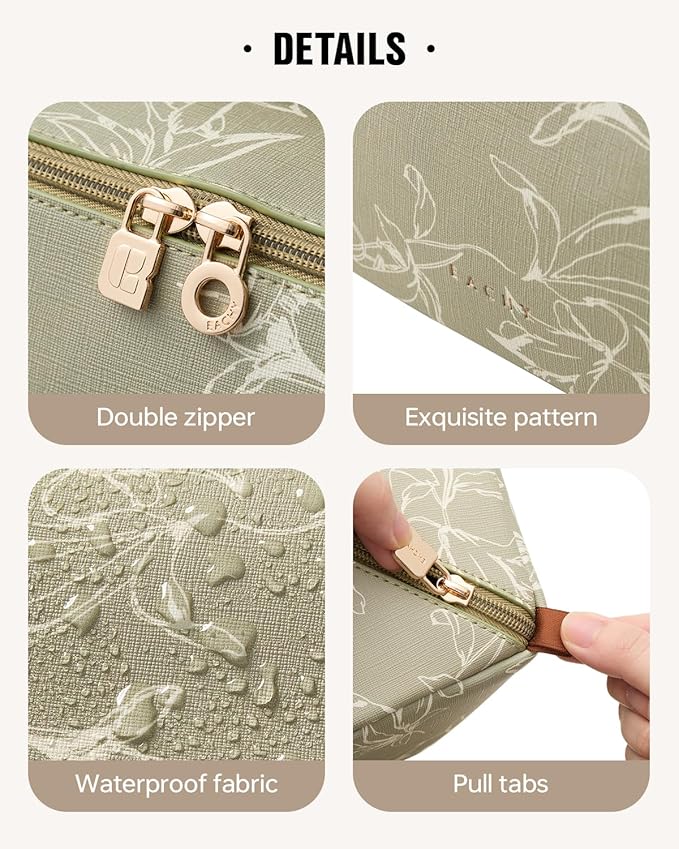 EACHY Travel Makeup Bag,Large Capacity Cosmetic Bags for Women,Waterproof Portable Pouch Open Flat Toiletry Bag Pattern Makeup Bag (F-Green-Large)
