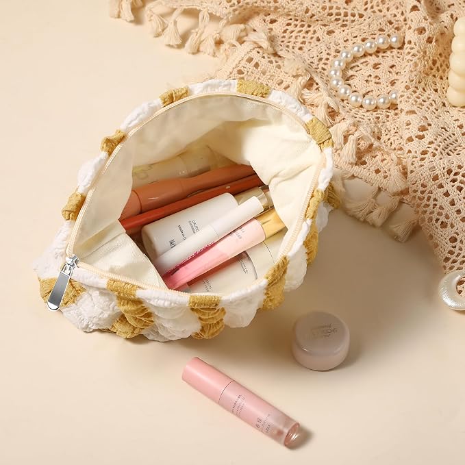 Makeup Bag, Bubble Cloud Travel Cosmetic Bag Organizer, Large Capacity Toiletry Make Up Bags with Zipper for Women and Girls, Yellow - White
