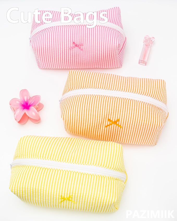 PAZIMIIK Cozy Makeup Bag Small Aesthetic Travel Zipper Cosmetic Pouch for Women Make Up Beauty Accessories Brushes, Stripe Orange