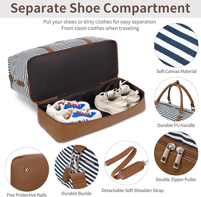 Weekender Bag, Large Travel Duffel Bag for Women, Carry on Overnight Bag with Shoe Compartment and Toiletry Bags