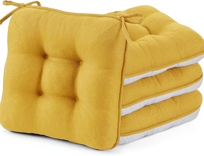 BETU Chair Cushions for Dining Chairs Set of 4,3.5" Thick Kitchen Table Chair Pads with Ties,Non Slip Backing and Covers, Seat Cushion for Dining Room,Bar,Patio Chairs,16"X16"X3.5",Yellow