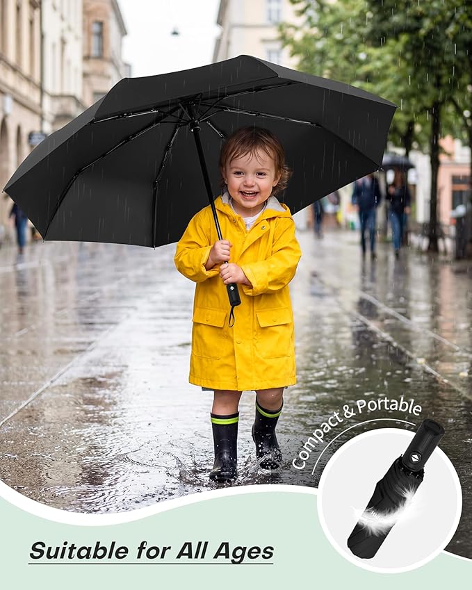 HIPPIH Compact Travel Umbrella for Rain - Windproof Automatic Umbrellas, UV Umbrella for Sun Protection with Black Anti-UV Coating, Portable Small Umbrellas for Backpack, Car, Walking, Kids, Women