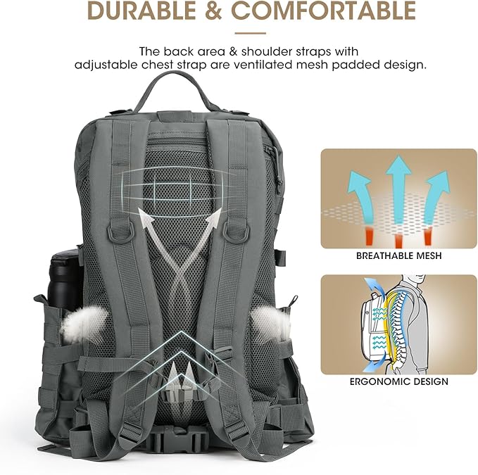 REEWBOW GEAR 40L Military Tactical Backpack For Men 3 Day Survival Heavy Duty Daypack MOLLE Bug Out Bag Hiking Rucksack (Grey with Bottle Holder)