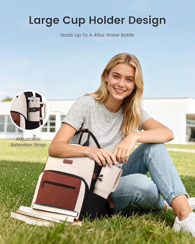 LOVEVOOK Laptop Backpack for Women - Stylish Work Backpack with Large Cup Holder, Waterproof College Teacher Backpack, Beige-Brown, 17Inch