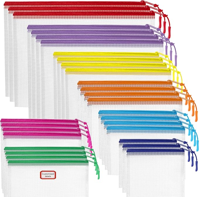 30pcs Mesh Zipper Pouch for Organization, Waterproof Zipper Pouches Colored PVC Travel Zipper Bags Clear Multipurpose Document Bags Suitable for Travel, School, Board Game and Office Supplies