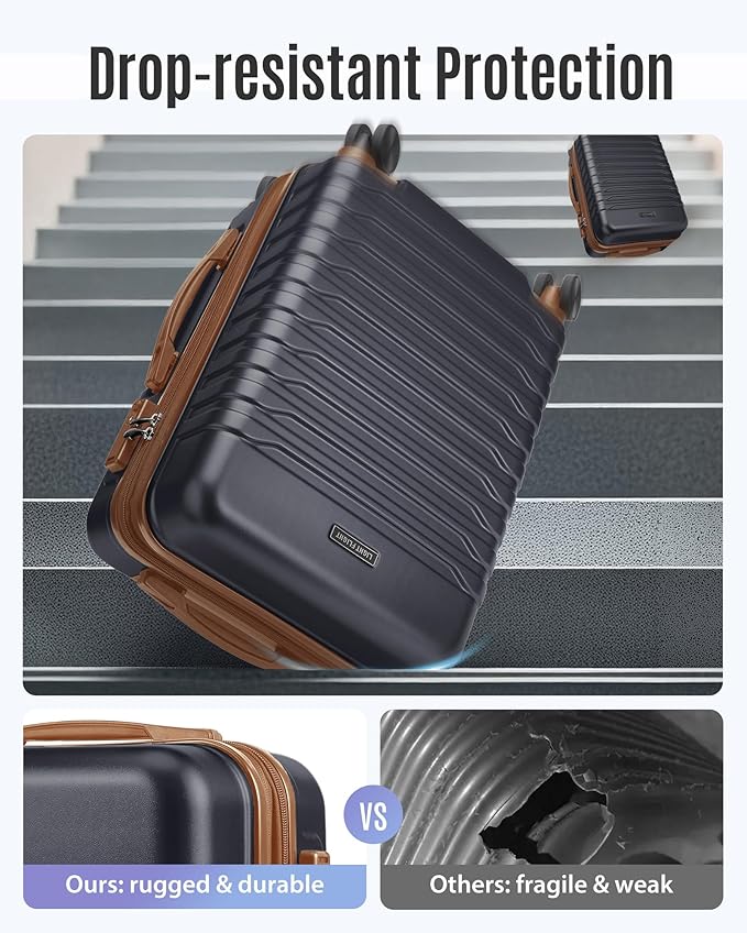 LIGHT FLIGHT Expandable Carry On Luggage 22x14x9 Airline Approved with Double Spinner Wheels, 20 Inch Lightweight Hard Shell Rolling Suitcases with TSA Lock, Black Brown