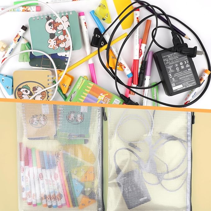 24 Pack A4 Mesh zipper pouch bags, Storage Bags, File Bags for Classroom Organization, Zipper Pouches of office supplies, Puzzles, Board Game Storage（Black）