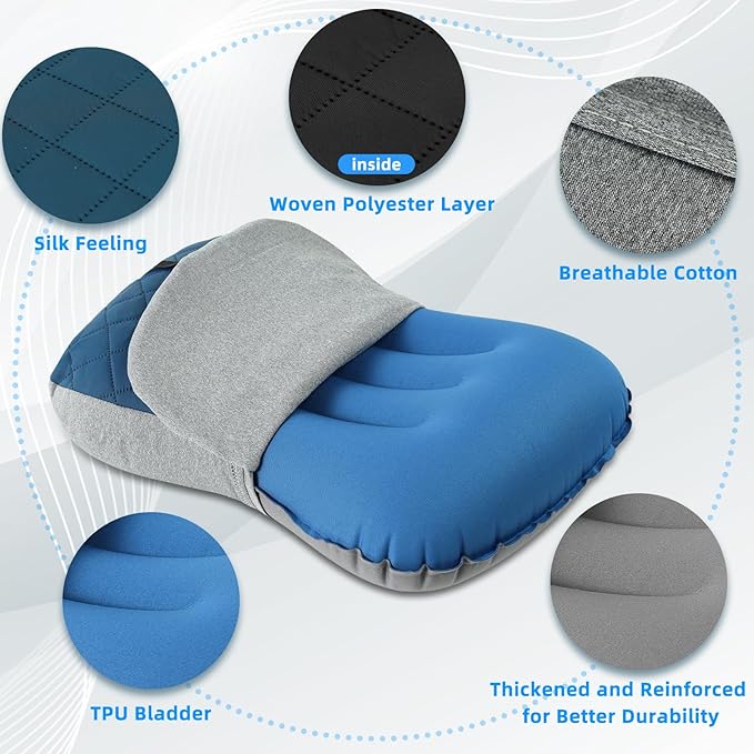 Camping Pillow with Removable Cover- Inflatable Pillow - Travel Pillows for Backpacking & Airplane, Lumbar Support Blow Up Pillow Washable Pillowcase, Compressible Pillow (Pacific Blue (With Cover))