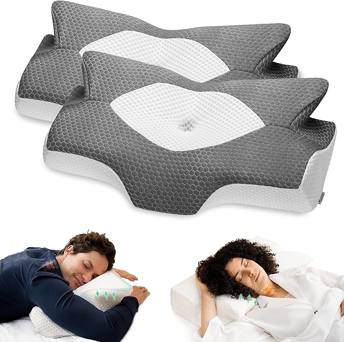 Elviros Cervical Memory Foam Pillow, 2 Pack Pillows for Neck and Shoulder Pain, Ergonomic Orthopedic Sleeping Neck Support Pillow for Side Sleepers, Stomach Sleepers (Dark Grey)