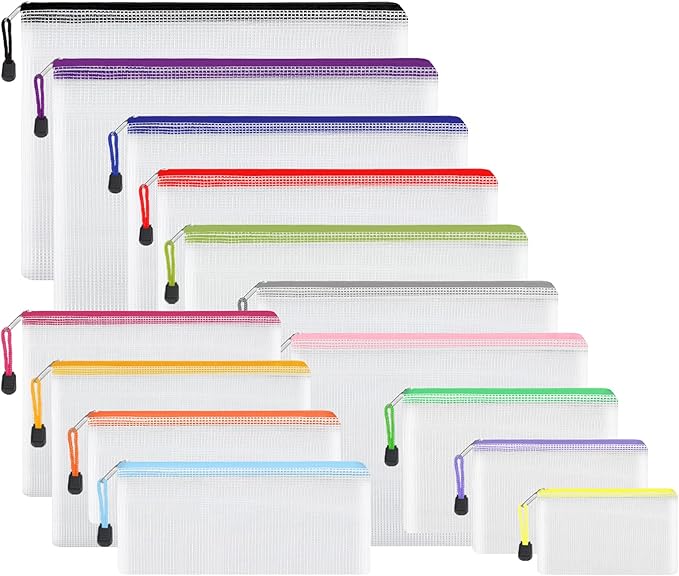 EOOUT 14pcs Zip Pouch Organizers, Mesh Bags with Zipper, 8 Sizes 14 Colors, Waterproof, for Travel, School, Office & Home