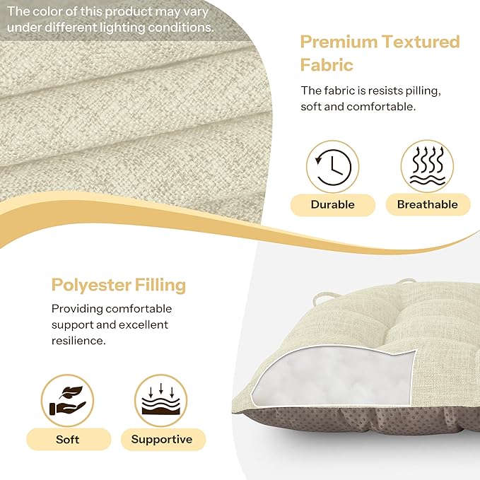 Chair Cushions for Dining Chairs Set of 2 Durable D-Shaped Seat Cushions with Non-Slip Backing Secure Ties Thick Cozy Seat Pad for Kitchen Dining Room Office(18x16.5x3in Beige)
