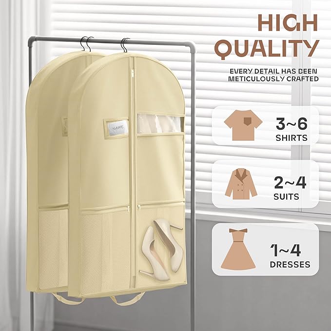 Lazebox 43" Travel Garment Bag with Accessories Zipper Pocket, Heavy Duty Suit Bag for Suits, Tuxedos, Dresses, Coats, Beige, 1 pack