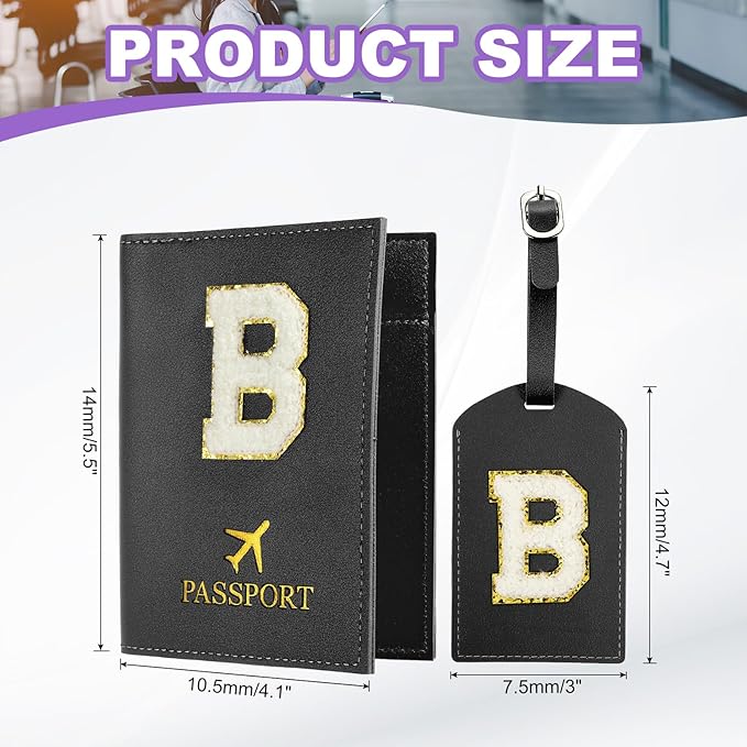 PATIKIL Passport Holder for Travel, Initial Passport Cover and Luggage Tag Set with Alphabet Chenille Letter Patch Travel Wallet Bag Suitcase Identifier for Women Family Travel Black B