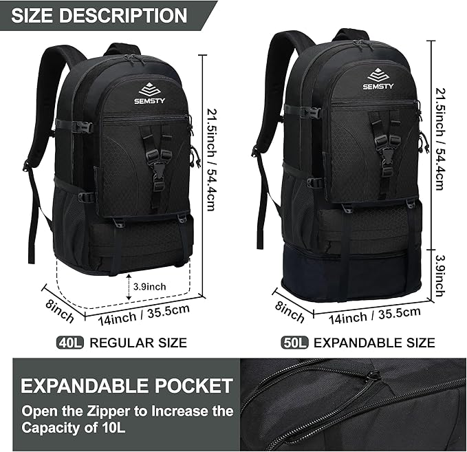40L/50L Expandable Hiking Backpack for Men and Women, Travel Camping Backpack Flight Approved