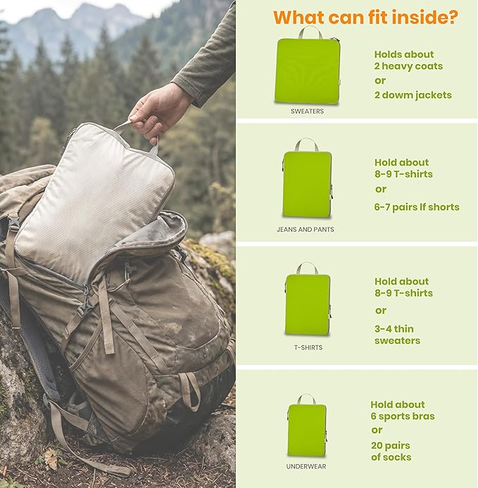Compression Packing Cubes for Travel, Set of 6 Expandable Luggage Organizers with Shoe Bag, Lightweight Water-Resistant Suitcase Essentials for Carry-on & Checked Luggage, Green