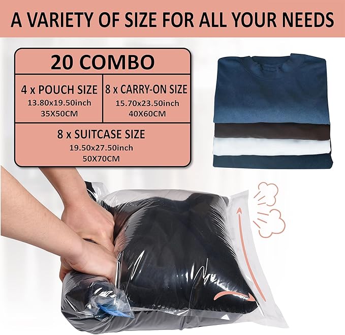 Cozy Essential Compression Bags for Travel - Travel Essentials - 20 Pack Space Saver Bags - No Vacuum Needed - Compression Packing Bags for Cruise Accessories