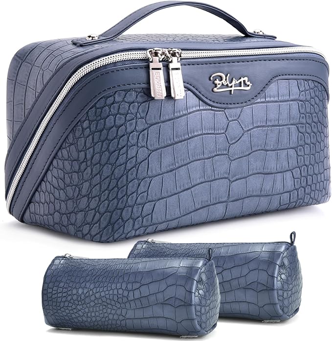 BOYATU Travel Makeup Bag Cosmetic Bags for Women: 3 Pcs Set Large Capacity Make up Bag with Handle - Crocodile Pattern Vegan Leather Toiletry Bags Travel Essentials with Compartments(E-3-Blue)