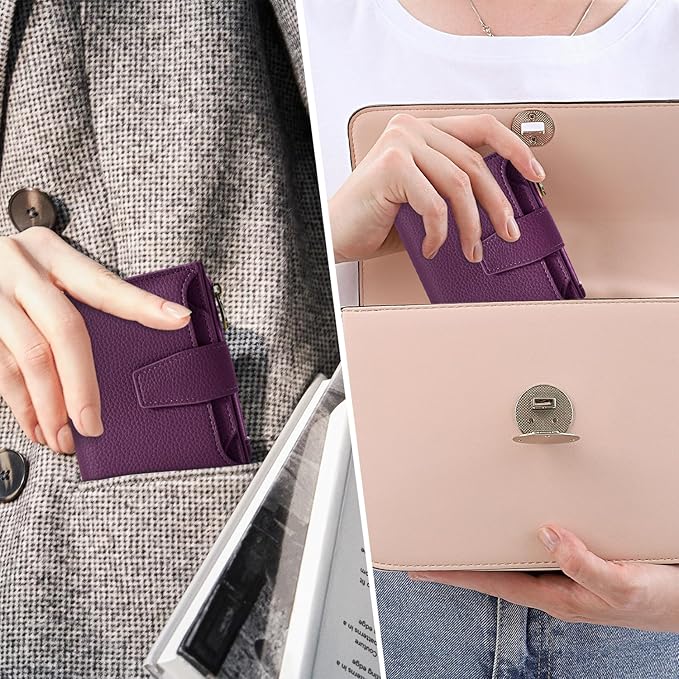 Airkit Small Wallet Women RFID Blocking Soft Leather Bifold Compact Card Holder Wallet for Women with Zipper Coin Pocket 4 ID Window